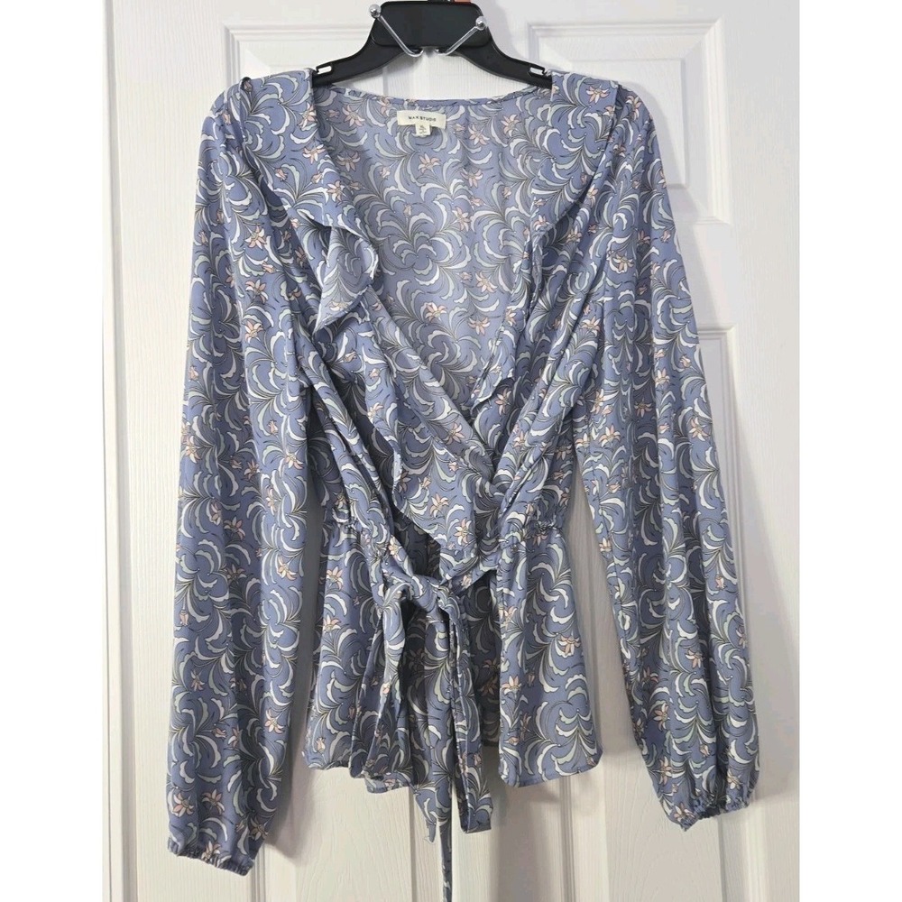 Max Studio Womans Long‎ Sleeve Vneck Ruffled Blouse Size XL Grey/Blue
